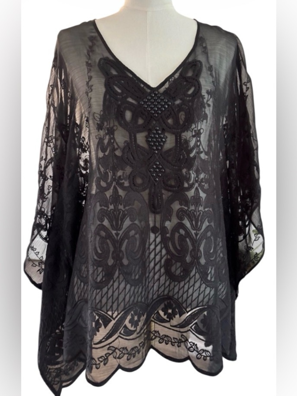 Sheer Black Lace Tunic/Poncho/Top with Bead Embellishment SKU 15
